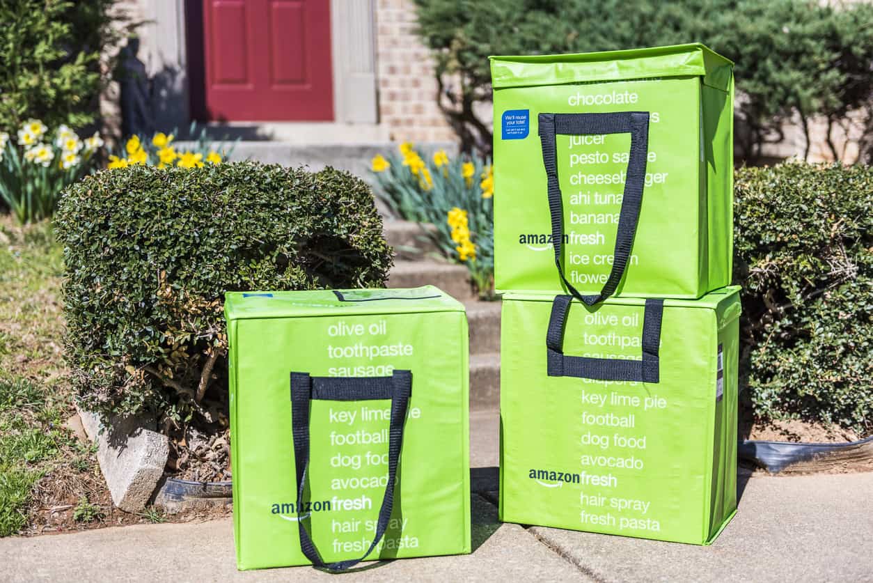 Amazon Fresh insulated grocery delivery bags on front porch closeup