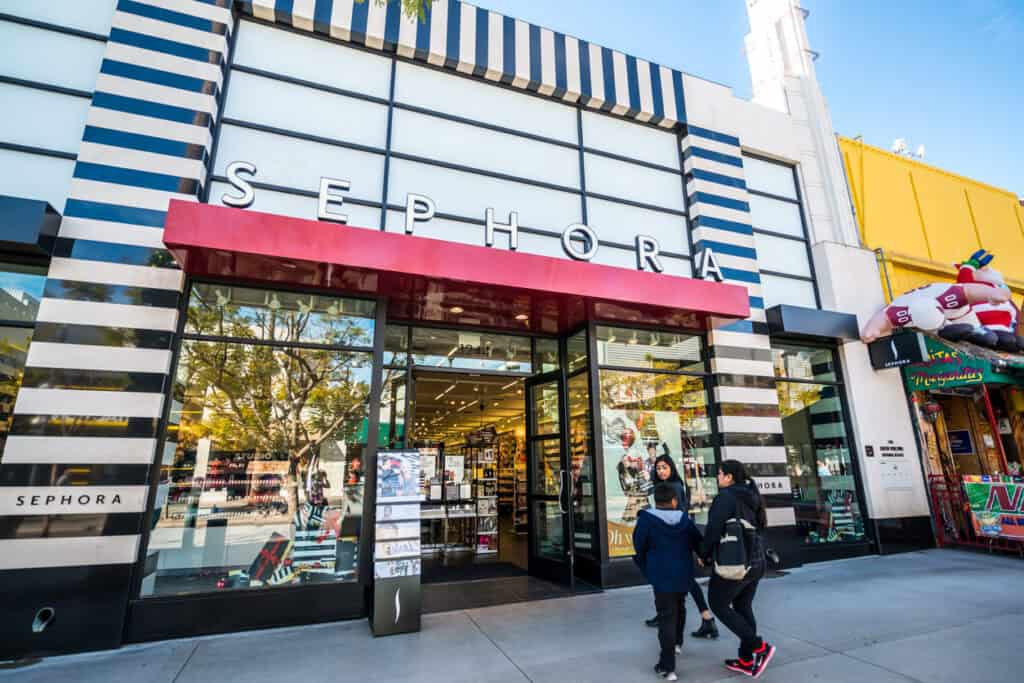 People in front of the entrance to Sephora store, Santa Monica, USA